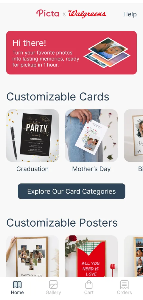 Picta x Walgreens photo printing app, home screen